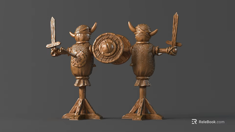 Wooden Carved Warrior Statues With Horned Helmets Holding Shield And Sword 3d model 