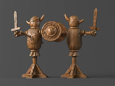 Wooden Carved Warrior Statues With Horned Helmets Holding Shield And Sword 3d model
