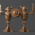Wooden Carved Warrior Statues With Horned Helmets Holding Shield And Sword