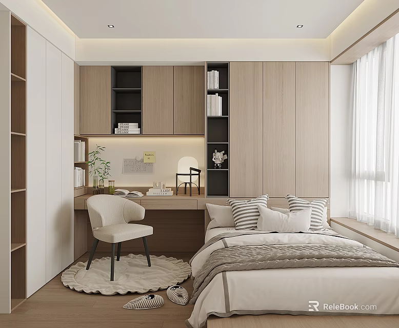 Minimalist Tatami Bedroom Interior Design With Desk Chair Bookshelves And Window 3d model 