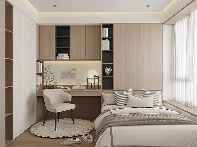 Minimalist Tatami Bedroom Interior Design With Desk Chair Bookshelves And Window 3d model