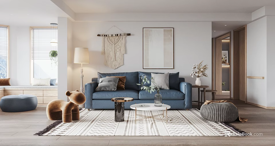 Modern Living Room Interior With Blue Sofa Throw Pillows And Patterned Area Rug 3d model