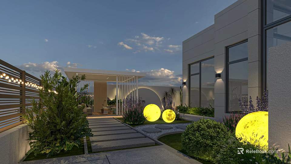 Modern Garden Landscape With White Pavilion Yellow Spherical Lights Stone Path Green Plants And Lawn 3d model 