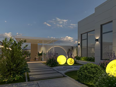 Modern Garden Landscape With White Pavilion Yellow Spherical Lights Stone Path Green Plants And Lawn 3d model