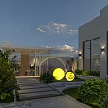 Modern Garden Landscape With White Pavilion Yellow Spherical Lights Stone Path Green Plants And Lawn