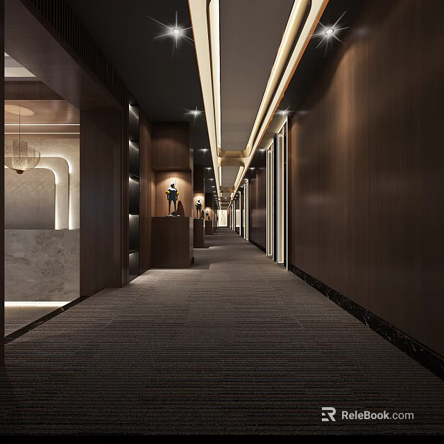 Modern Elevator Hallway Interior Design With Wooden Walls Carpeted Floor And Recessed Lighting 3d model 