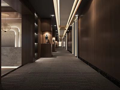 Modern Elevator Hallway Interior Design With Wooden Walls Carpeted Floor And Recessed Lighting 3d model