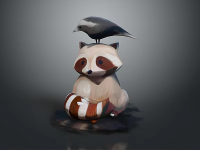 Cute Raccoon Plush Toy in Sitting Position With Bird Perched On Head 3d model