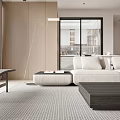Modern Living Dining Room Interior With Beige Sofa Black Coffee Table Large Windows And Rug