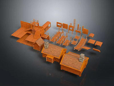 Orange Wooden Architectural Model Components With Small Houses Stairs And Platforms 3d model