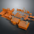 Orange Wooden Architectural Model Components With Small Houses Stairs And Platforms