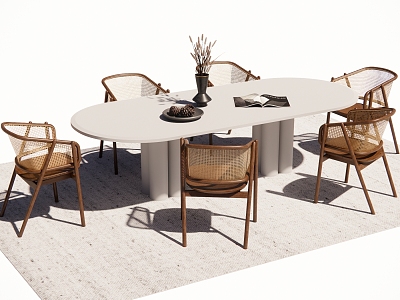 Dining Table and Chair Log Rattan Chair Tea Table and Chair Furnishings Solid Wood Furniture Vase 3d model