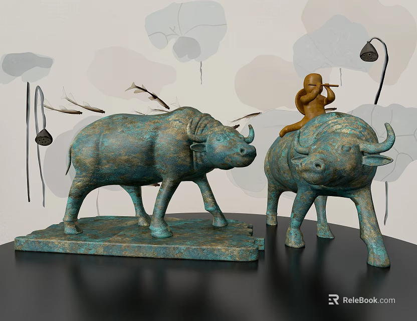 Handcrafted Bronze Buffalo Sculptures With Small Riding Figure And Lotus Leaf Background 3d model 