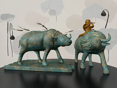 Handcrafted Bronze Buffalo Sculptures With Small Riding Figure And Lotus Leaf Background 3d model