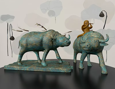 Handcrafted Bronze Buffalo Sculptures With Small Riding Figure And Lotus Leaf Background 3d model