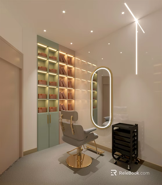 Modern Beauty Salon Interior With Styling Chair Round Mirror And Soft Lighting 3d model 