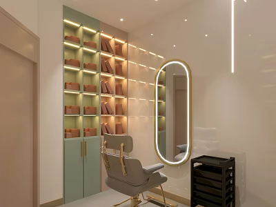Modern Beauty Salon Interior With Styling Chair Round Mirror And Soft Lighting 3d model