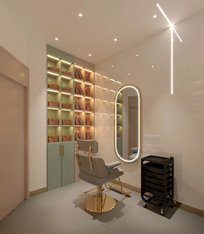 Modern Beauty Salon Interior With Styling Chair Round Mirror And Soft Lighting 3d model