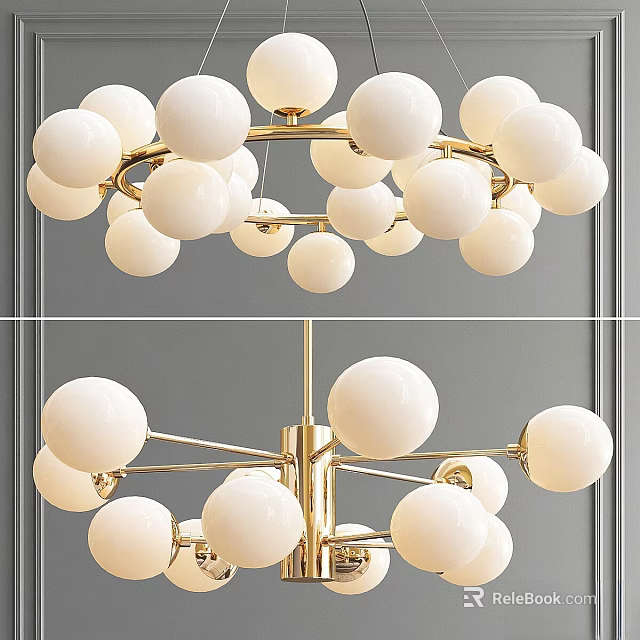 Elegant Modern Chandelier With White Glass Globes And Gold Metal Frame 3d model 