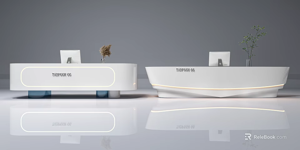 Modern Reception Desk With Sleek Design TASHEN MIA Logo And Decorative Plants 3d model 