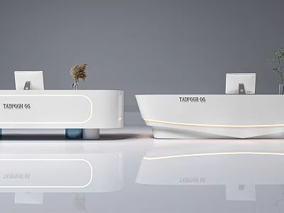 Modern Reception Desk With Sleek Design TASHEN MIA Logo And Decorative Plants 3d model