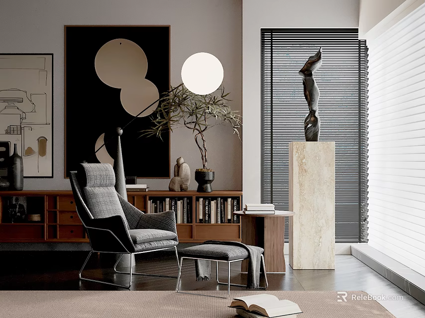 Modern Interior Decorative Ornaments Set With Sculpture Stone Pedestal Potted Plant Circular Decor And Bookshelf 3d model 