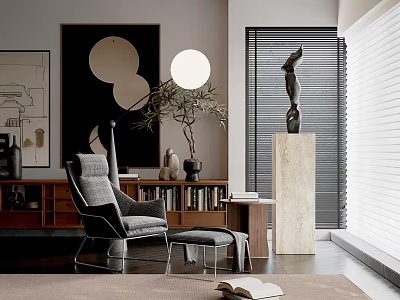 Modern Interior Decorative Ornaments Set With Sculpture Stone Pedestal Potted Plant Circular Decor And Bookshelf 3d model