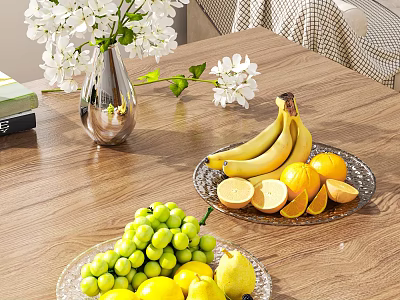 Decorative Fruit Display With Grapes Bananas Oranges Lemon In Glass Plates And Silver Vase 3d model