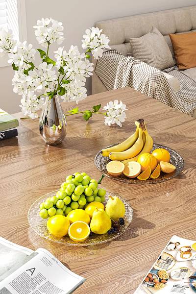 Decorative Fruit Display With Grapes Bananas Oranges Lemon In Glass Plates And Silver Vase 3d model
