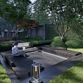 Serene Residential Landscape With Seating Area Lush Trees Greenery Lawn And Stone Pathway