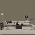 Modern Minimalist Sofa and Coffee Table Set with Beige Upholstery Decorative Pillows and Wall Art