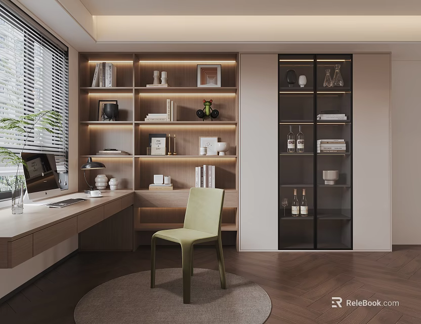 Modern Study Room Interior With Herringbone Wooden Floor Bookshelves Desk And Green Chair 3d model 