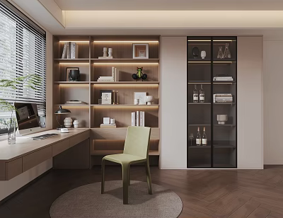 Modern Study Room Interior With Herringbone Wooden Floor Bookshelves Desk And Green Chair 3d model