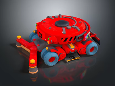 Detailed Red Robotic Vehicle Featuring Blue Wheels And Mechanical Components 3d model