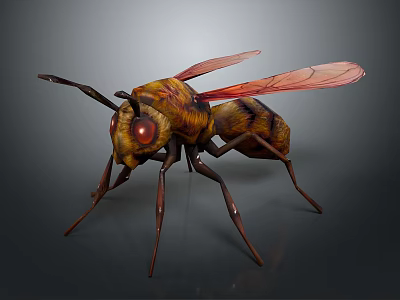Detailed 3D Wasp Model With Yellow Black Stripes Red Eyes And Transparent Wings 3d model