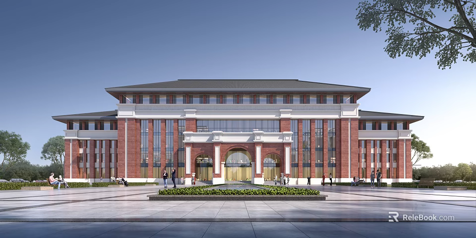 Red Brick Office Building Featuring Symmetrical Facade Arched Entrance Plaza Greenery and People Walking 3d model 