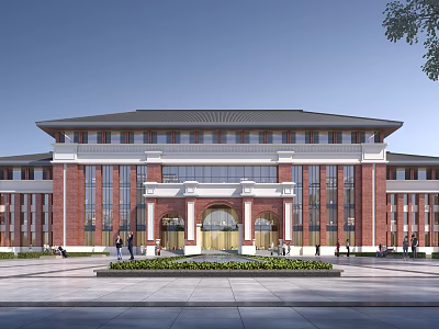 Red Brick Office Building Featuring Symmetrical Facade Arched Entrance Plaza Greenery and People Walking 3d model