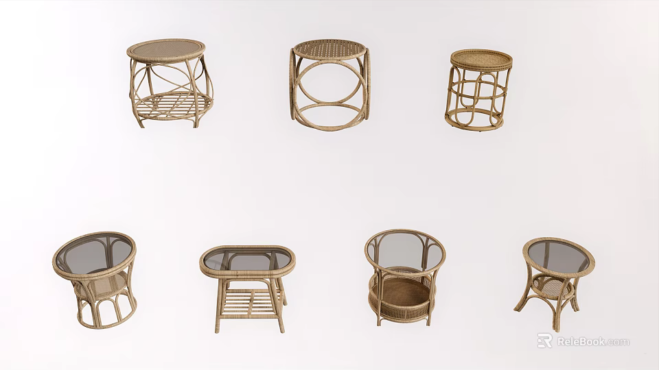 Various Rattan Coffee Tables With Glass Top And Modern Minimalist Designs 3d model 