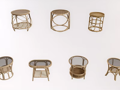 Various Rattan Coffee Tables With Glass Top And Modern Minimalist Designs 3d model