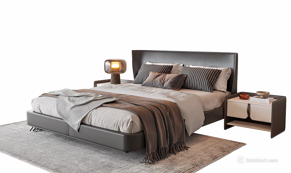 Modern Double Bed with Dark Headboard Cozy Bedding and Nightstand Table Lamp on Soft Rug 3d model 