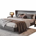 Modern Double Bed with Dark Headboard Cozy Bedding and Nightstand Table Lamp on Soft Rug