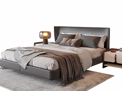 Modern Double Bed with Dark Headboard Cozy Bedding and Nightstand Table Lamp on Soft Rug 3d model