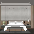 Hotel Guest Room Interior With Wooden Elements Woven Texture Wall And Pendant Lights