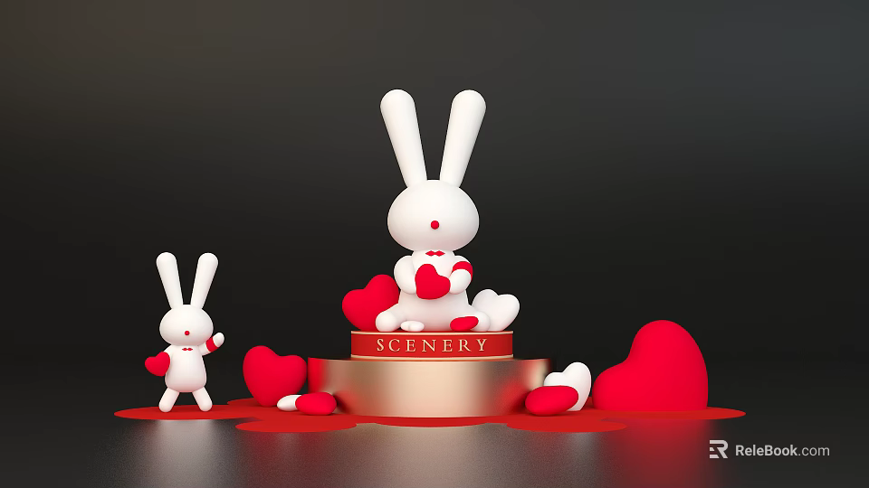 Cute White Rabbit Decor With Red Hearts On Scenery Platform 3d model