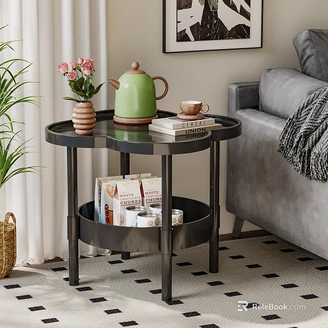 Modern Two Tier Black Side Table With Green Teapot Coffee Cup Books And Pink Flowers 3d model 