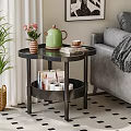 Modern Two Tier Black Side Table With Green Teapot Coffee Cup Books And Pink Flowers