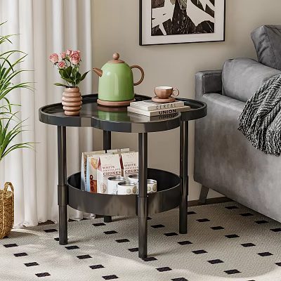 Modern Two Tier Black Side Table With Green Teapot Coffee Cup Books And Pink Flowers 3d model