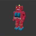 Red Vintage Robot Toy Standing On Black Reflective Surface With Blue Base And Chest Buttons