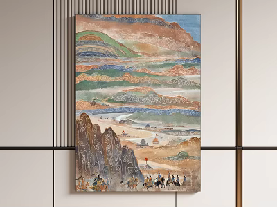 Colorful Traditional Chinese Oil Painting With Layered Mountain Landscape Figures Horses And Sky 3d model