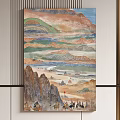 Colorful Traditional Chinese Oil Painting With Layered Mountain Landscape Figures Horses And Sky